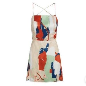 Emrata Inamorata Varick Slip Mini Dress size XS Tan Navy Green Multi $125